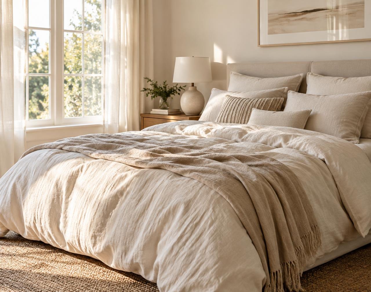 Made bed with rumpled cream linen duvet in morning light